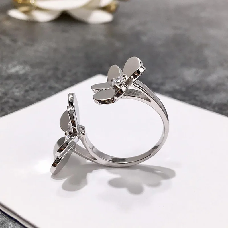 

Top Quality Fashion Setting AAA+ CZ Crystals Flower Ring Silver Plated Free Cuff Clover Ring For Women