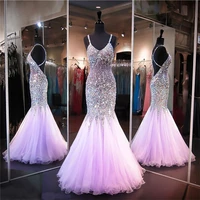 sexy spaghetti strips mermaid prom dresses bling bling crystal beaded tulle soft criss cross back special occasion party gown