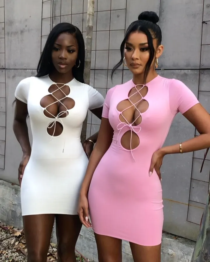 

Women Dresses Nightclub Sexy Hollow out Solid Color Simple Bandage One-Piece Dress