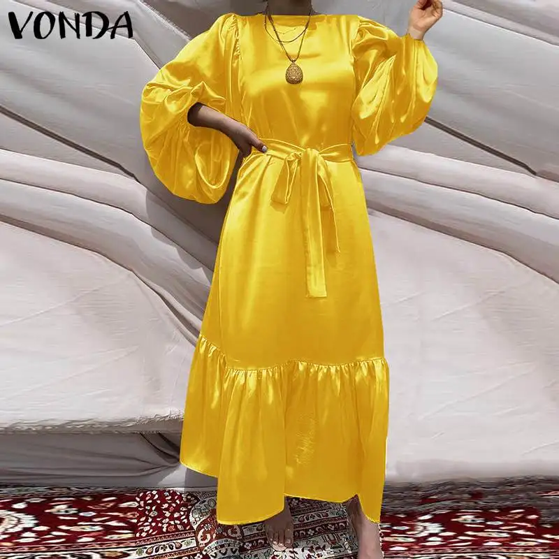 

Женское атласное платье VONDA 2022, повседневные платья с круглым вырезом и пышными рукавами, плиссированные платья с оборками на подоле, одното...