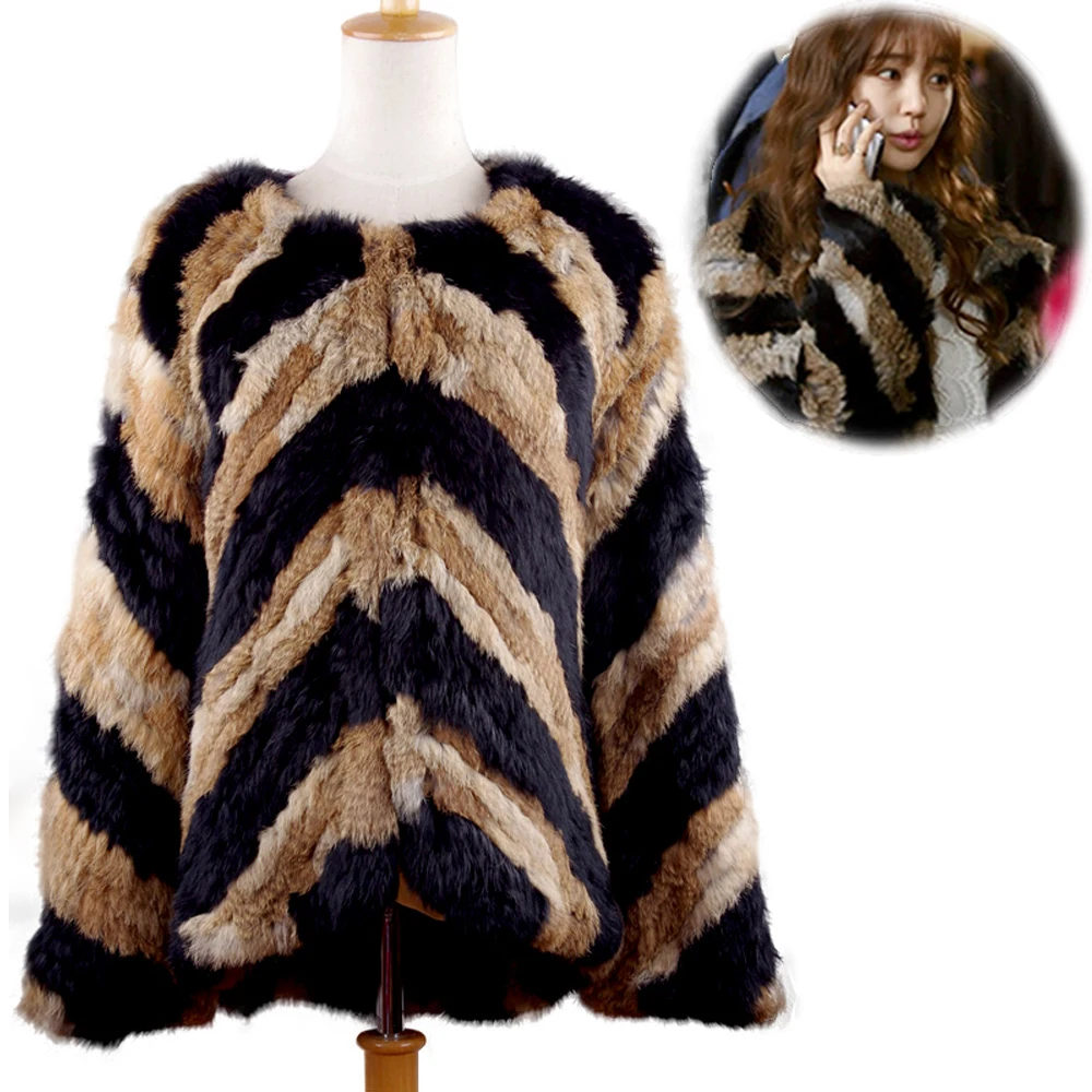 real rabbit fur jackets knitted Fur Outwear Made by two-color stripe real fur coat fur coats Wholesale and Retail Happihop new