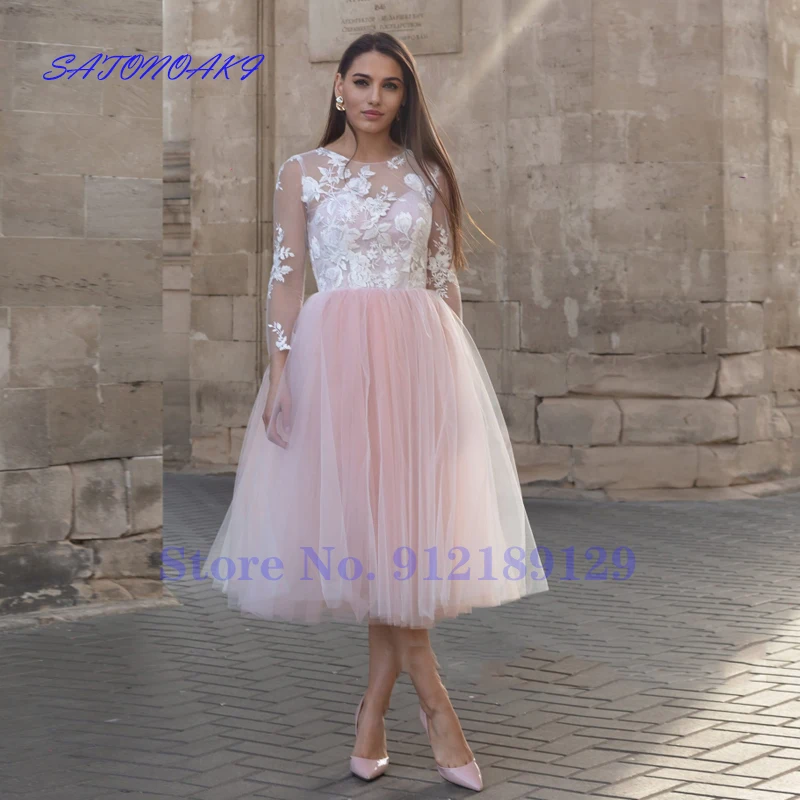 

Vestidos De Noiva 2021 Pink Long Sleeves Tea Length Wedding Dresses A-Line Lace Appliques Tulle Beach Bridal Gown Robe De Mariée