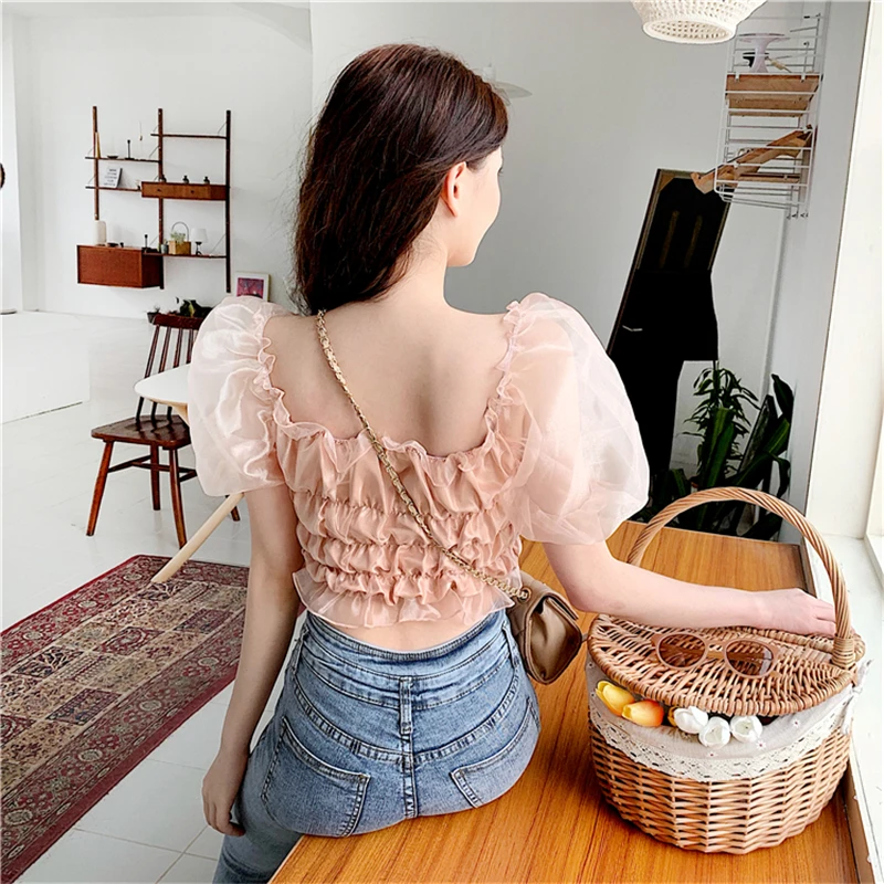 RUGOD/Летняя женская однотонная плиссированная короткая рубашка с квадратным