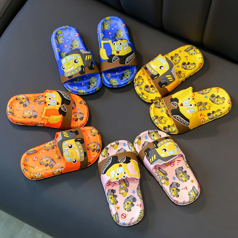 

Boy Baby Slippers Summer Non-slip Home Indoor Slippers Cartoon Excavator Children's Bathroom Bath Slippers For Kids