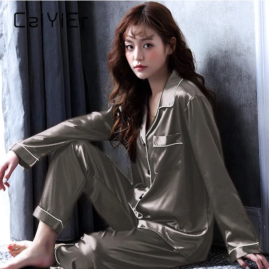 CAIYIER Soild Silk Satin Pajamas Set Blue Sexy Turn-down Collar Sleepwear For Women Long Sleeve Nightwear Winter Loungewear M-2L