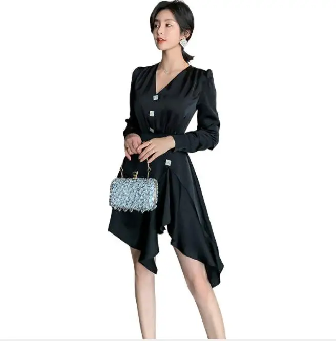 

2019 Autumn Sexy V-neck Irregular Short Dress High Waist Long Sleeve Black Party Dress Robe Femme Vestidos