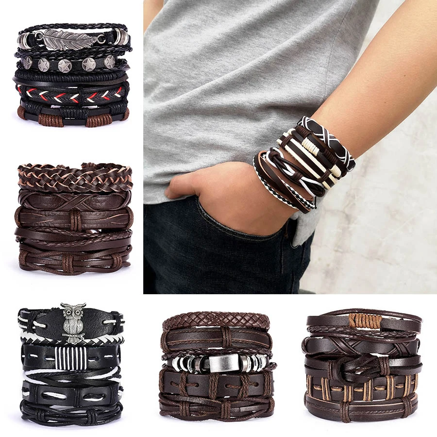 5 шт./компл. Мужской винтажный Многослойный кожаный браслет с листьями и перьями