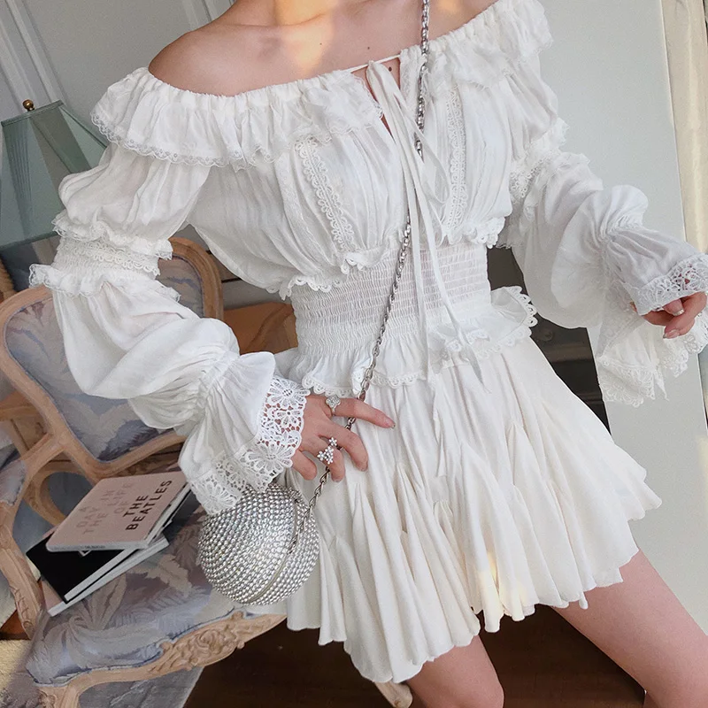 Женские модельные топы с оборками белые/черные кружевные блузки в стиле пэчворк