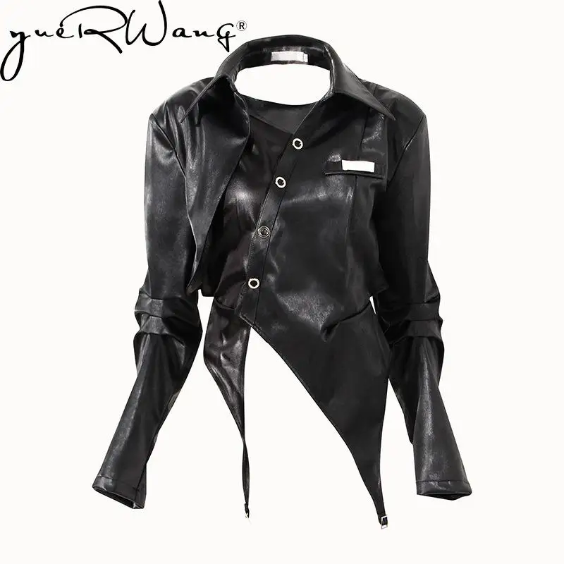 

YUERWANG Women Leather Coat Black PU Motorcycle Jacket Long Sleeve Chic Irregular Ladies Leather Tops Autumn 2021 New Arrival