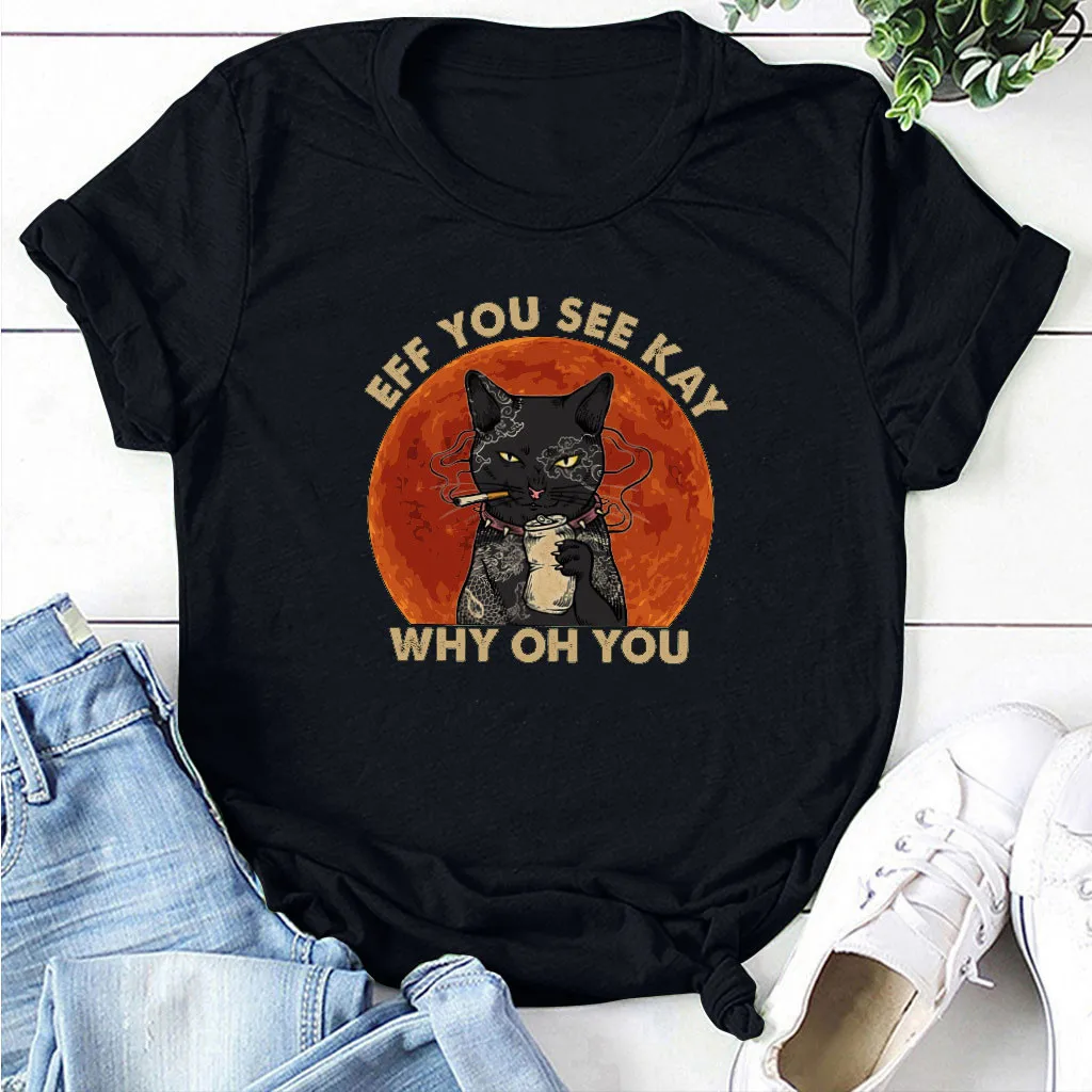 Женские модные повседневные футболки с принтом черного кота и буквами удобные