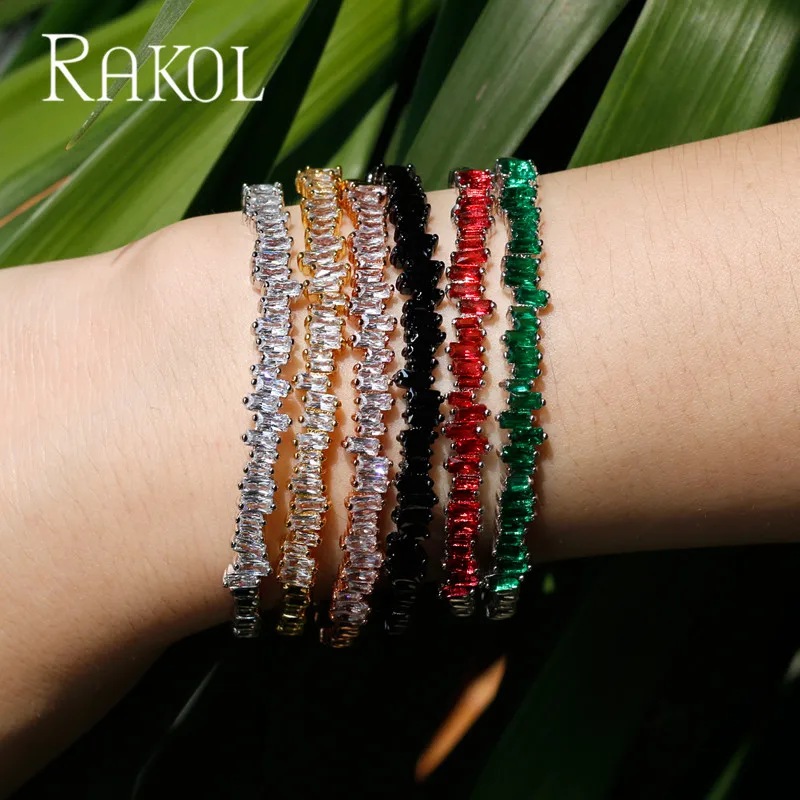RAKOL AAA+ кубический цирконий багет Bijoux манжета Теннисный браслет и браслет с розовым золотом женские свадебные ювелирные изделия