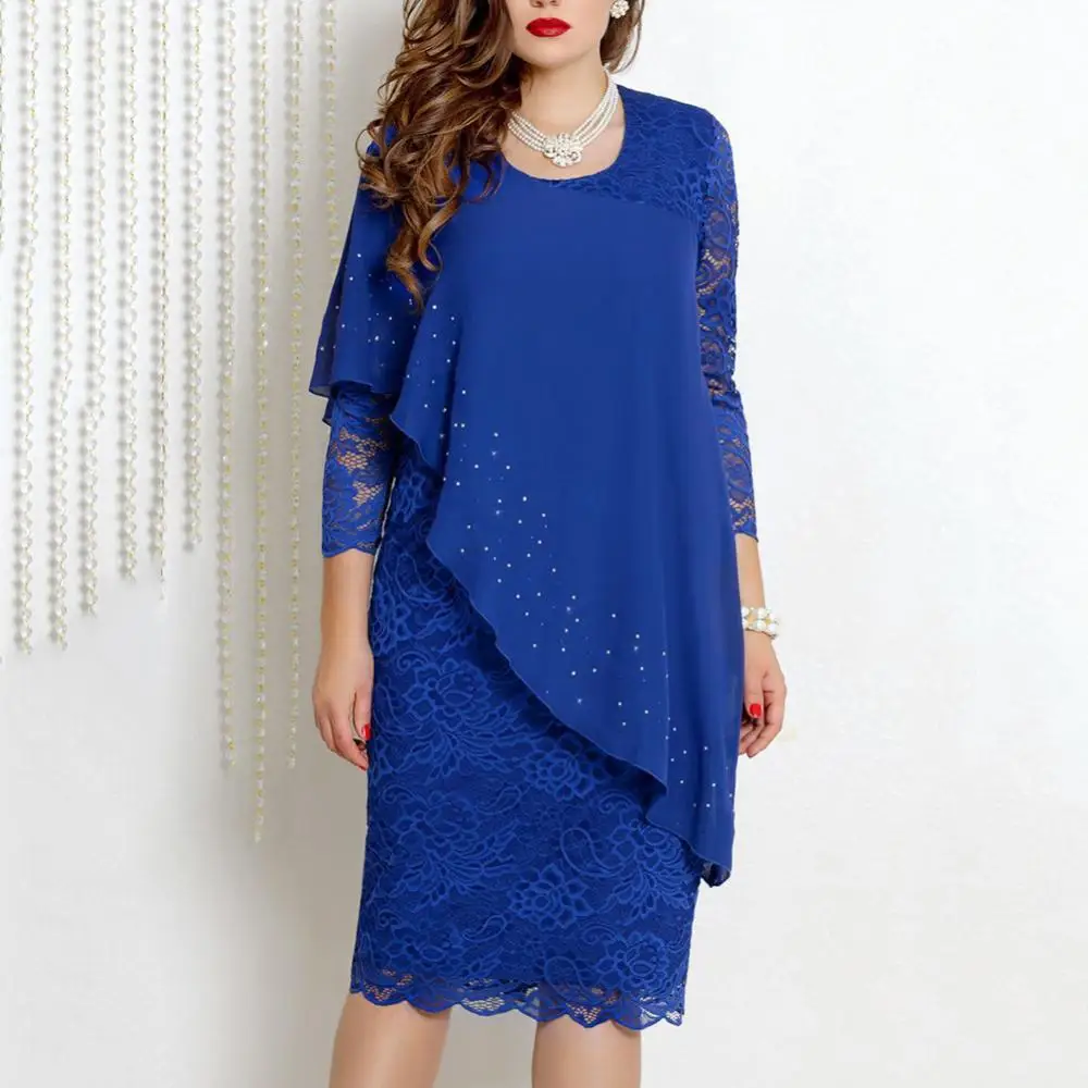 Женское платье с круглым вырезом, длинным рукавом и кружевом, до колена