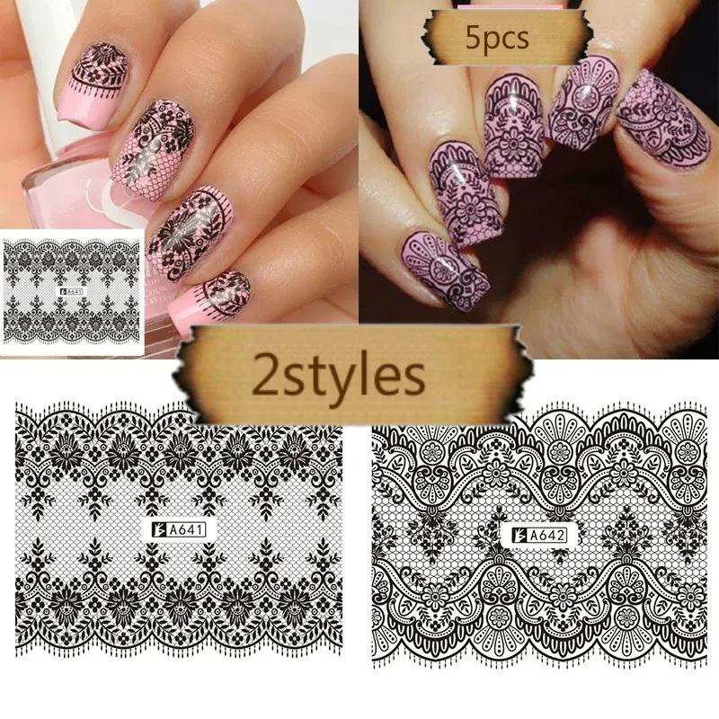 5 шт./компл. Водные Наклейки для дизайна ногтей Переводные черные кружевные розы