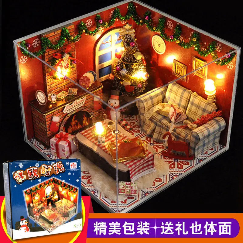

Kids DIY Assemble Doll House Christmas Dollhouses Miniature Dollhouse Furniture Set Kit Toys for Children Christmas Gift