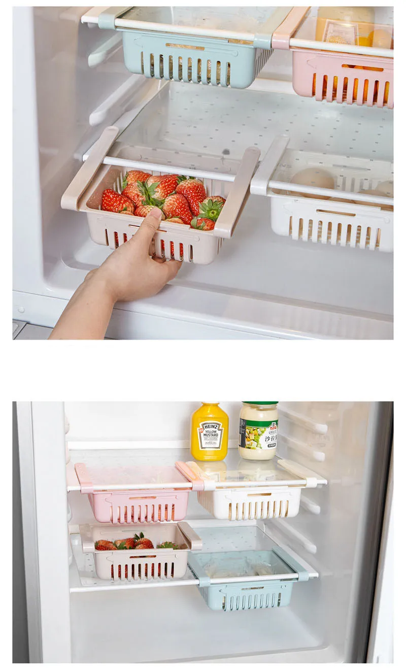 

Adjustable Kitchen Refrigerator Storage Rack Fridge Freezer Shelf Holder Pull-out Drawer Organiser Space Saver Kitchen Organizer