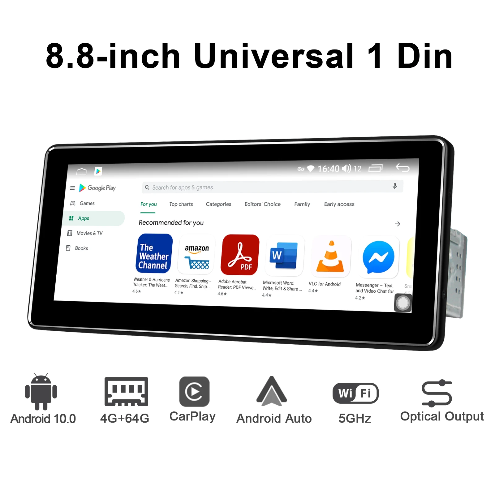 

Автомагнитола 1 din, 8,8 дюйма, 4 Гб ОЗУ и 64 Гб ПЗУ, Android 10
