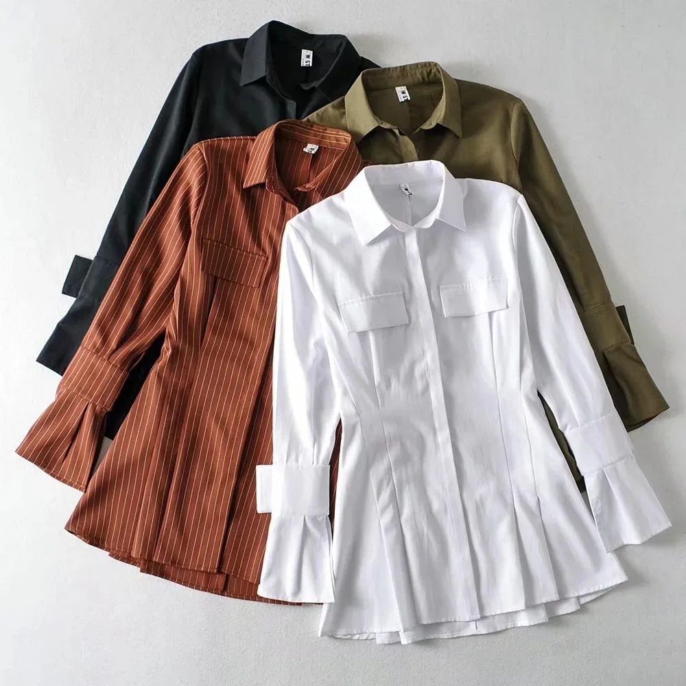 

2021 new dress workwear wind waist pleated sexy ruffled shirt dress female lapel pocket shirt skirt vintage dress for women