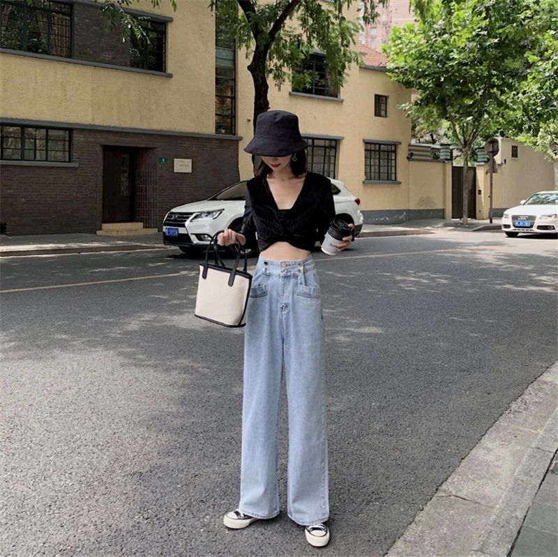 Высокая талия свисает ощущение быка Дырокол широкие ноги брюки женские