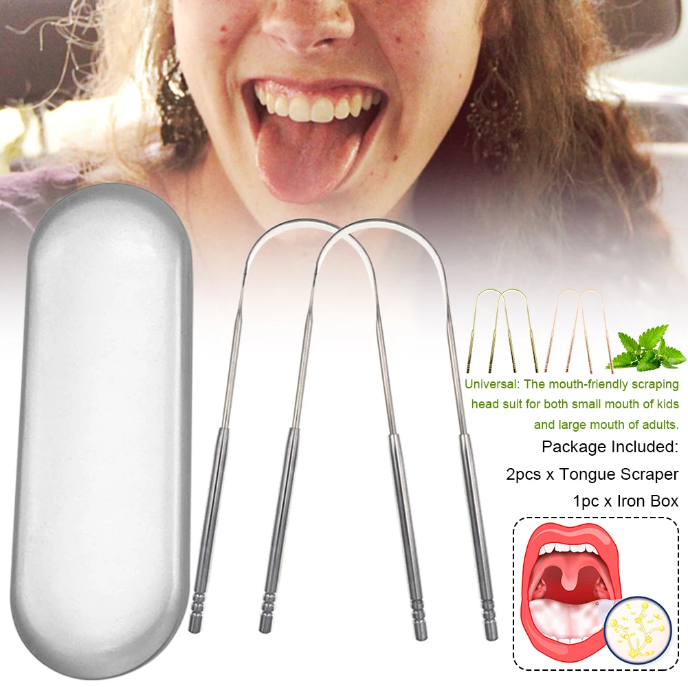 

2pcs Reusable Home Stainless Steel Portable Smooth With Box Professional Cure Bad Breath Cleaner Tongue Scraper Adults Kids