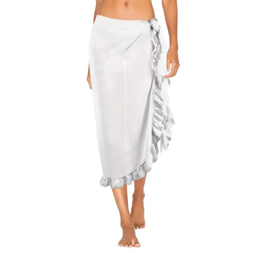 

Summer Women Solid Color Beach Long Skirt Ruffles Sarong Wrap Bikini Cover Up Swimsuit Woman Skirt
