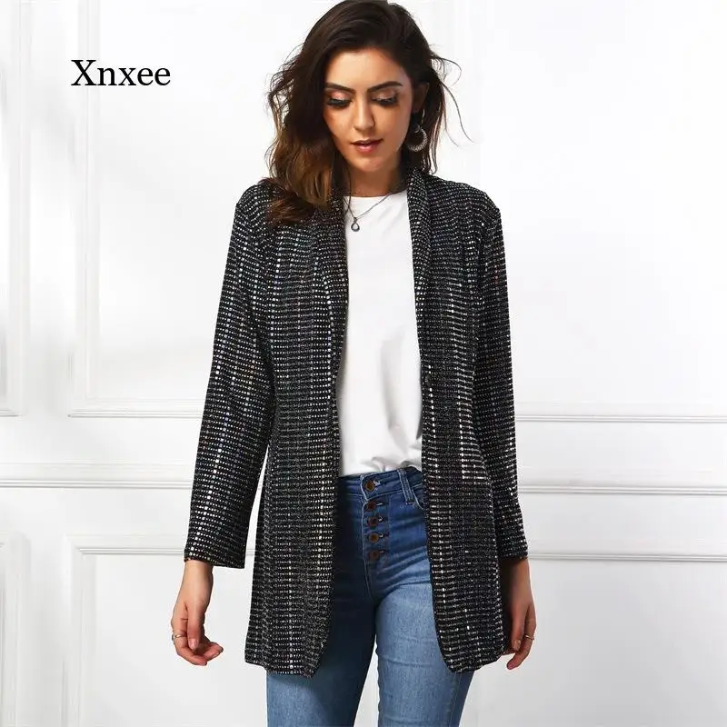 

Spring Sequin Blazer Fashion Women Bright Silver Coat Single Button Casual Office Blazer Autumn Vintage British Slim Work Suit