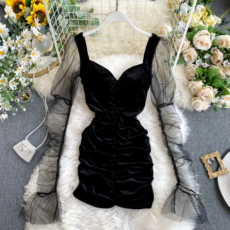 Женское бархатное мини-платье в стиле ретро повседневное плиссированное платье