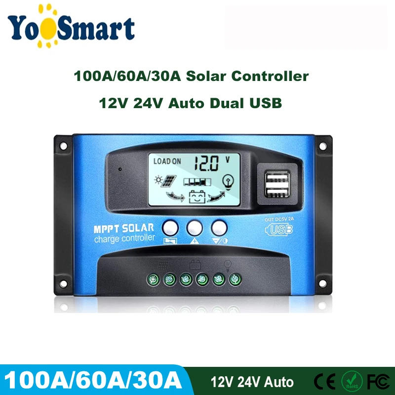 

MPPT Solar Controller PWM 100A 60A 30A Charger and 12V 24V Auto Dual USB LCD Display Solar Cell Panel Charge Regulator with Load