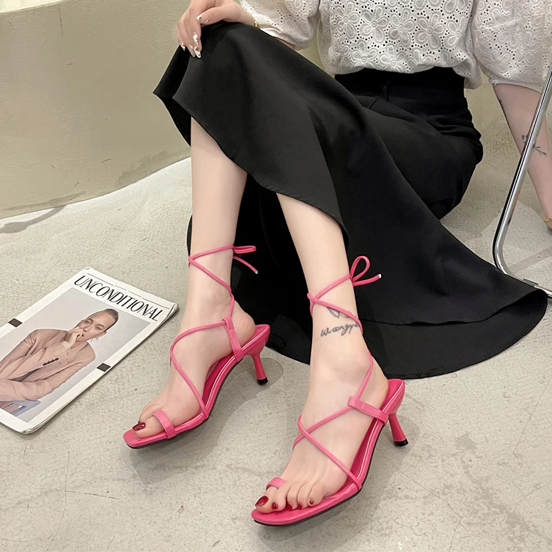 

2021 Summer High Heels Rome Gladiator Shoes Women Sandals Black White Pink Separate Toe Ankle Thin Rope Lace Up Sandalias Mujer