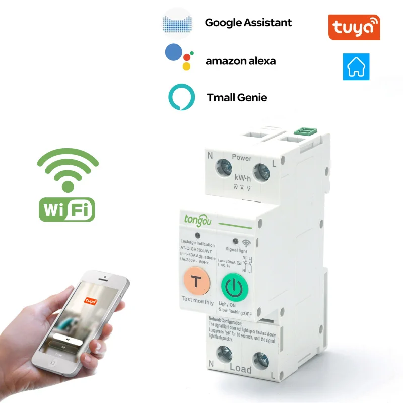

Однофазное реле Tuya 63A с Wi-Fi и защитой от утечки
