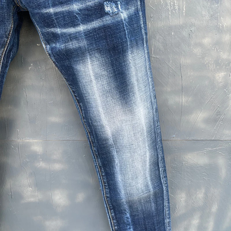 

star bag dsq Italian fashion four seasons denim men's perforated paint jeans slim blue elastic straight leg pants high quality