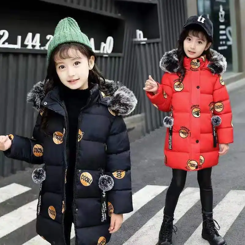 Baby winter new girl down jacket children letter printing thick warm cotton coat girl baby big fur collarcotton hoodedlong coat