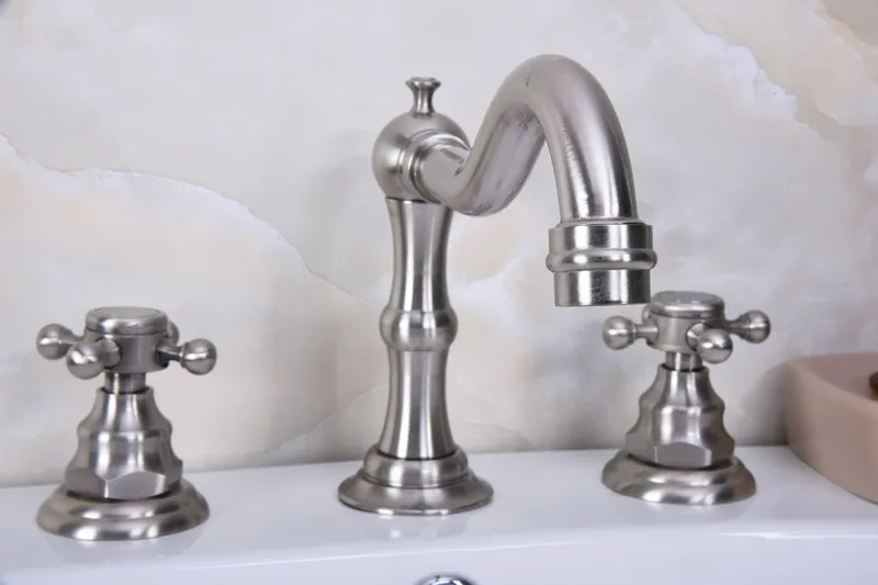 

Матовый никелевый смеситель с двойной перекрестной ручкой, широкое основание с тремя отверстиями, кран для ванной комнаты, туалетной комна...