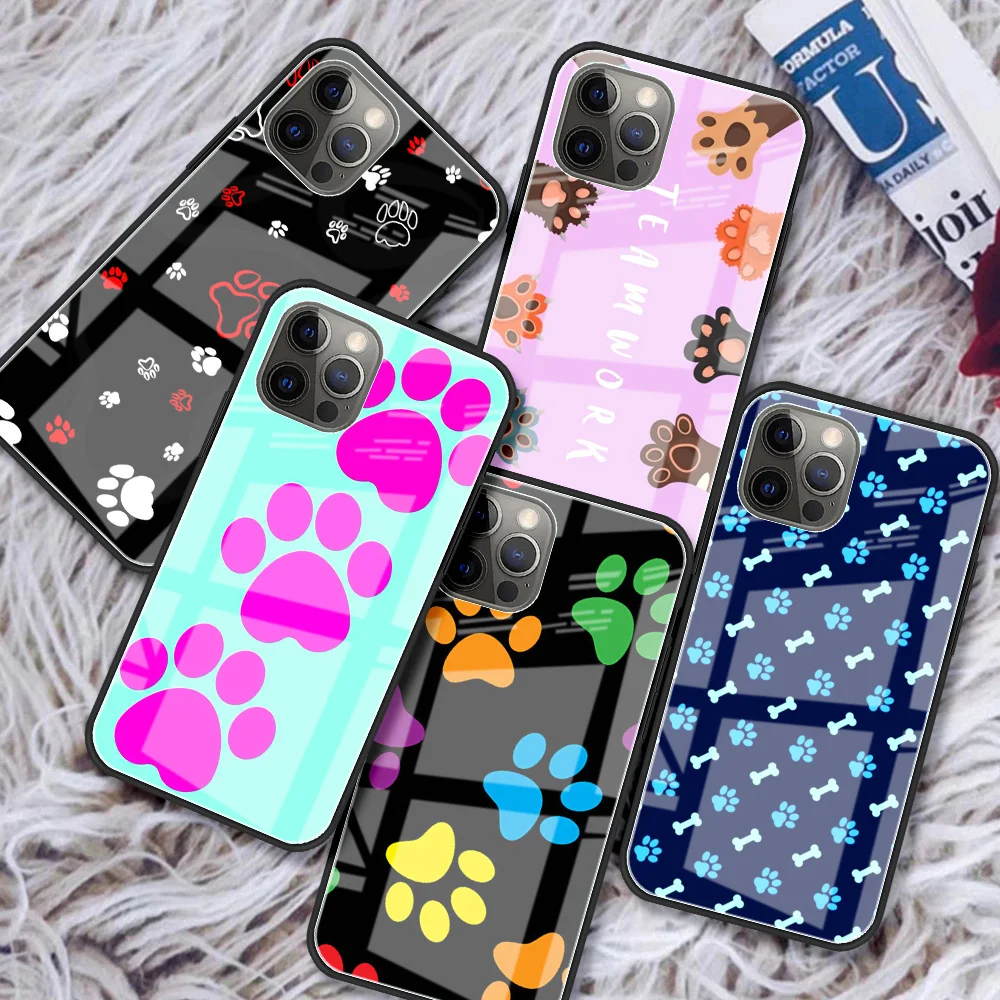 

Tempered Glass Case for Apple iPhone 7 11 12 13 Pro XR X XS Max 6 6S 8 Plus SE Phone Funda Cat Dog Paw Shell