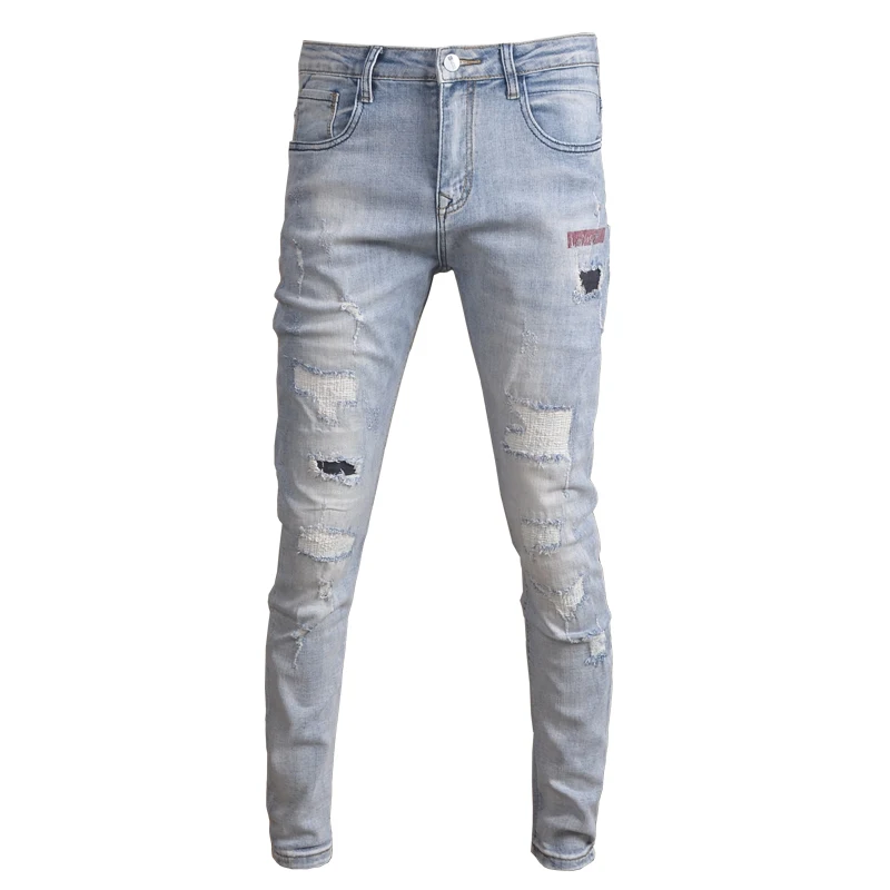 Men's Light Blue Ripped Patches Jeans Summer Casual Slim Fit Pencil Pants Streetwear Printed Denim Trousers
