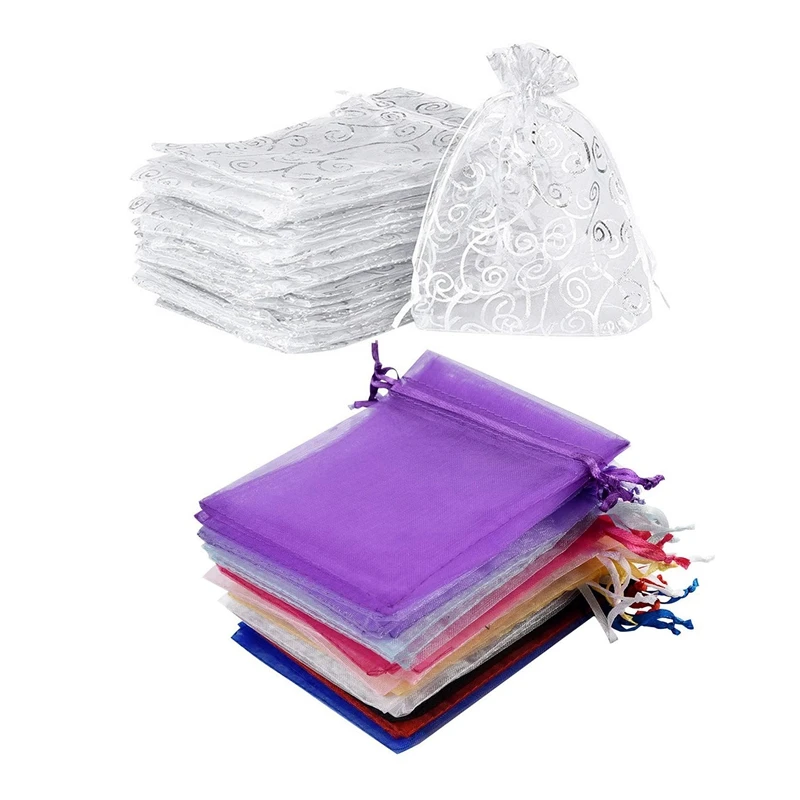 

100 шт. прозрачные сумочки из органзы (9X12 см, серебристые) и 100 шт. сумочек из органзы, подарочные пакеты для вечерние 9X12 см (многоцветные)