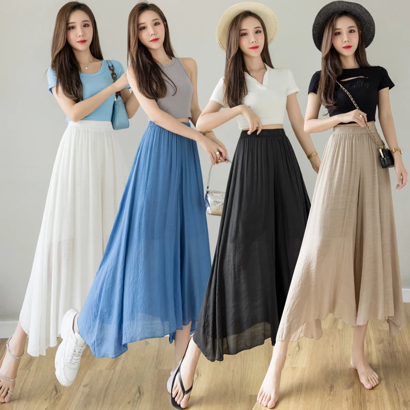 

Retro literature and art irregular cotton and linen wide-leg pants women's summer straight double-layer thigh skirt pants 1045#