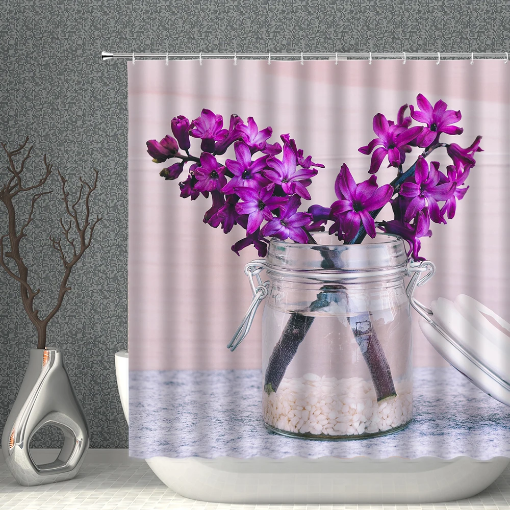 

Flower Arrangement Shower Curtain Purple Flowers Chamomile Green Plants Waterproof Background Household Decorative With Hooks