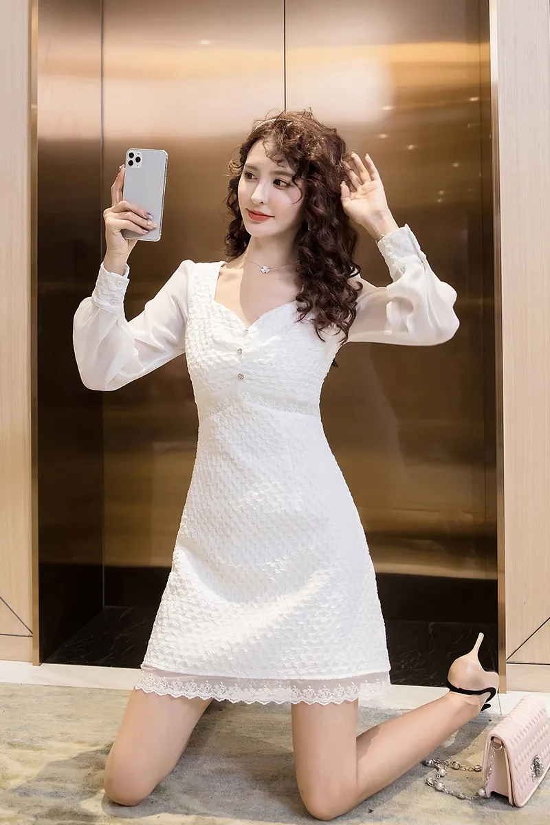 

COIGARSAM Full Sleeve Women one-piece dress korean New Summer Chiffon High Waist Square Collar Dresses White 2819