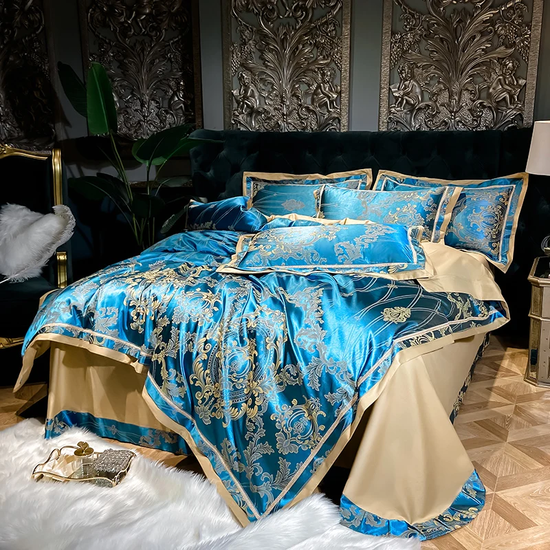 

Gem Blue Luxury Satin Jacquard Cotton Duvet Cover Set Queen King Size Silk Bedding Set Europe Linen Bed Sheet Pillow Cases 4Pcs