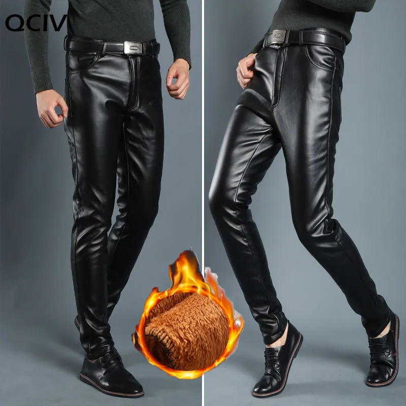 

Autumn Winter fit Warm Velet leather pants men's Leggings Black Solid Faux Leather Pants Jeans Trousers For Men