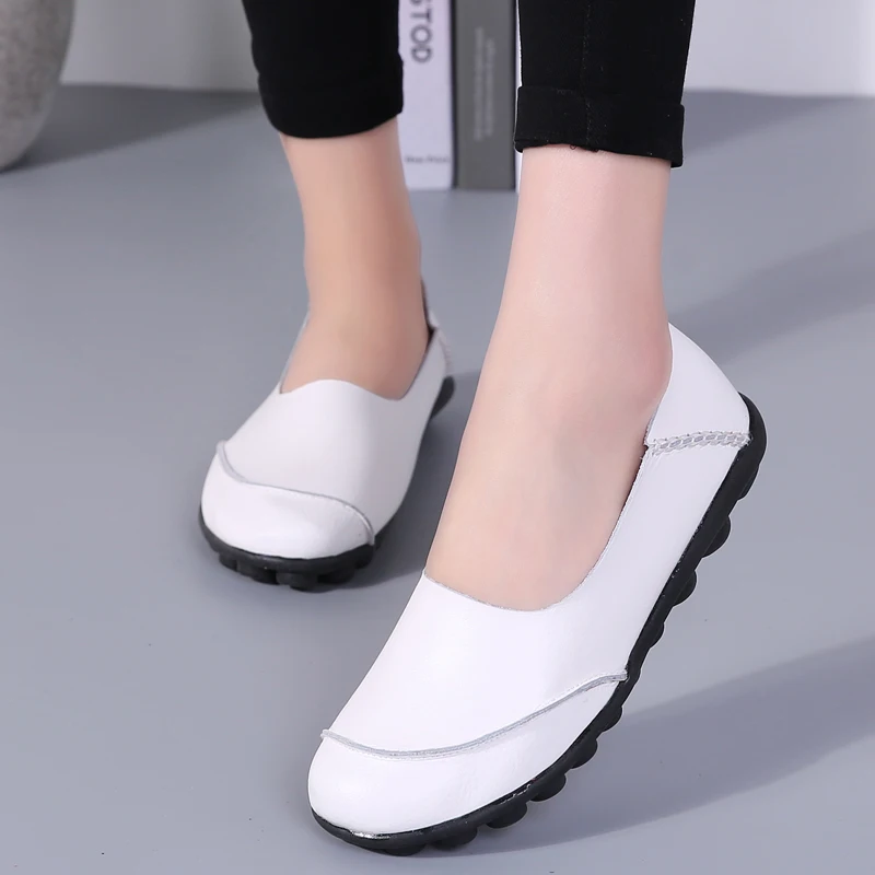 

Elegant Ladies Flat Shoes Women Slip On Genuine Leather Flat Soft Bottom Orange Brown Female Loafers Solid Stitiching Footwear