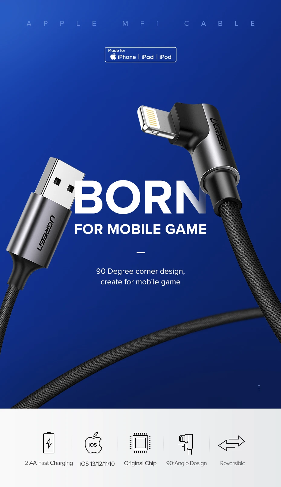 Ugreen USB кабель для передачи данных для iPhone 11 Pro X Xs 2.4A Lightning Быстрый зарядный кабель для передачи данных для iPhone 8, 7, 6, 6S 5S мобильного телефона Зарядное устройство кабель