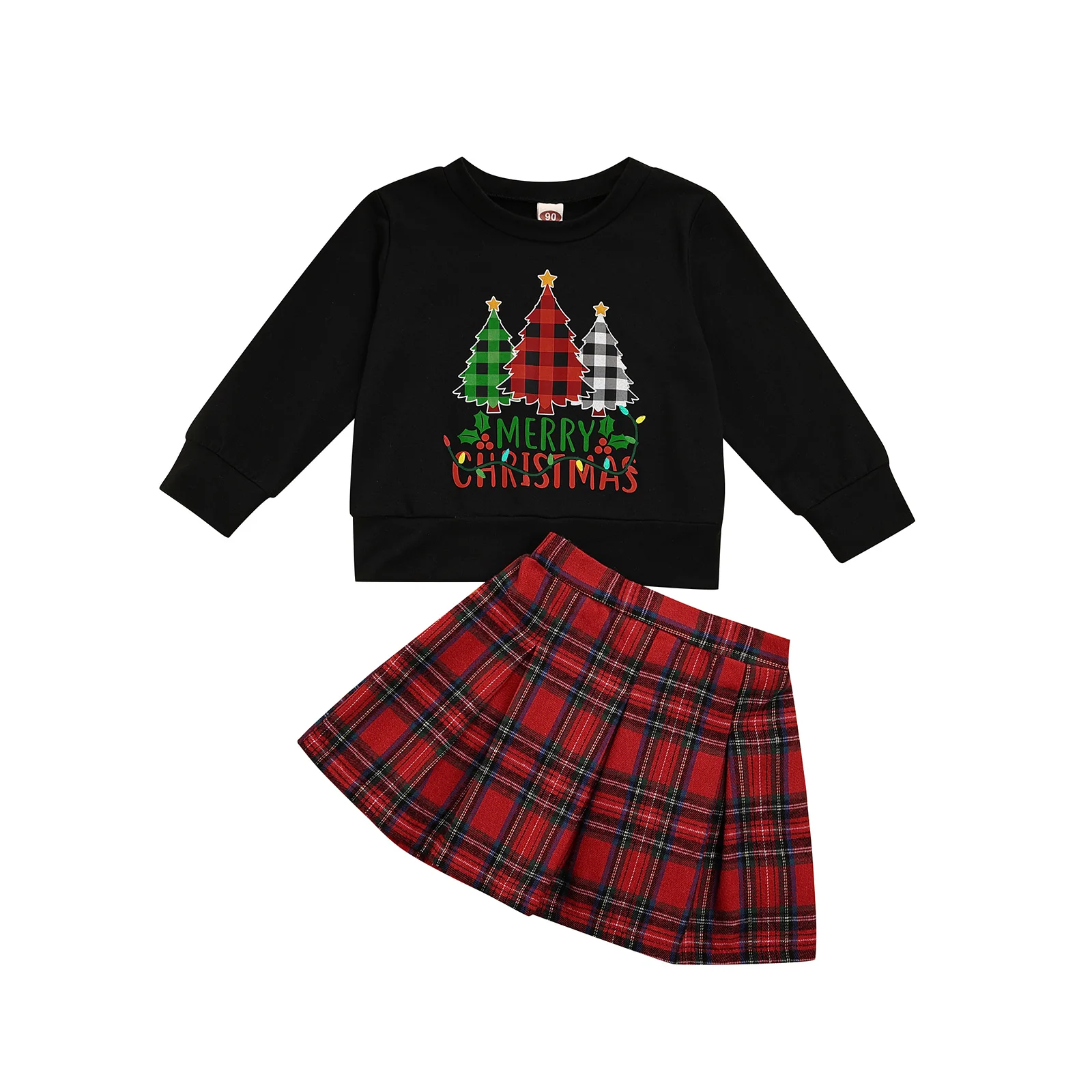 

Cute Baby Girls Cotton Outfits Two Piece Autumn Suit Cartoon Christmas Print Long Sleeve Tops and Plaid Short Skirt