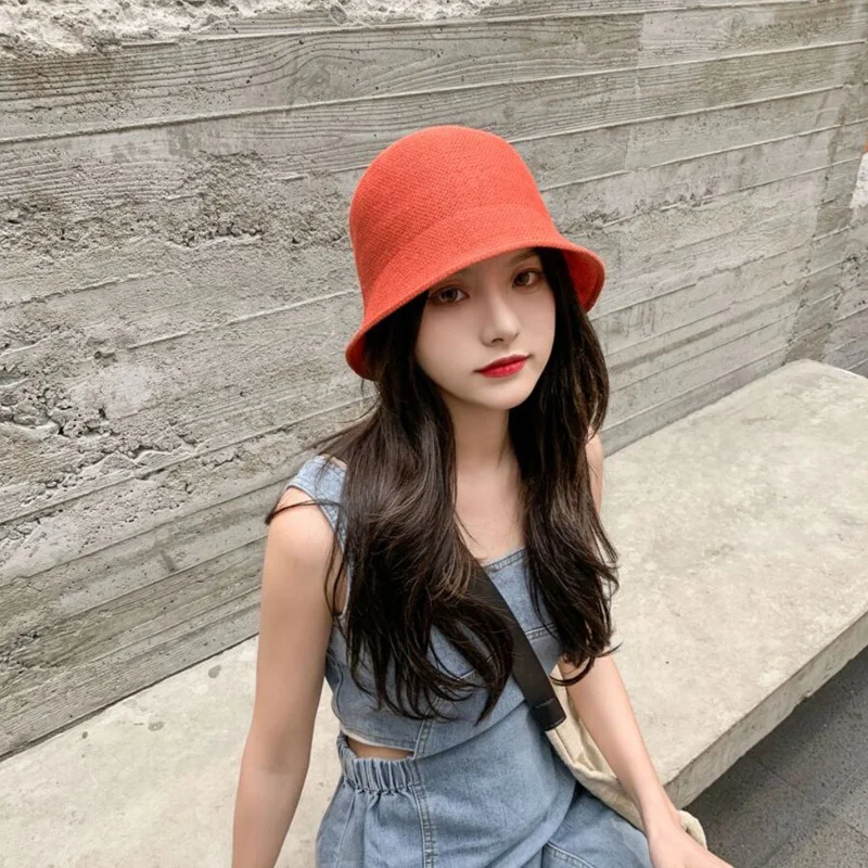 

Korean Pure Color Linen Bucket Hats Spring Summer Brand Wide Brim Net Cap For Women Beach Sun Block Hat