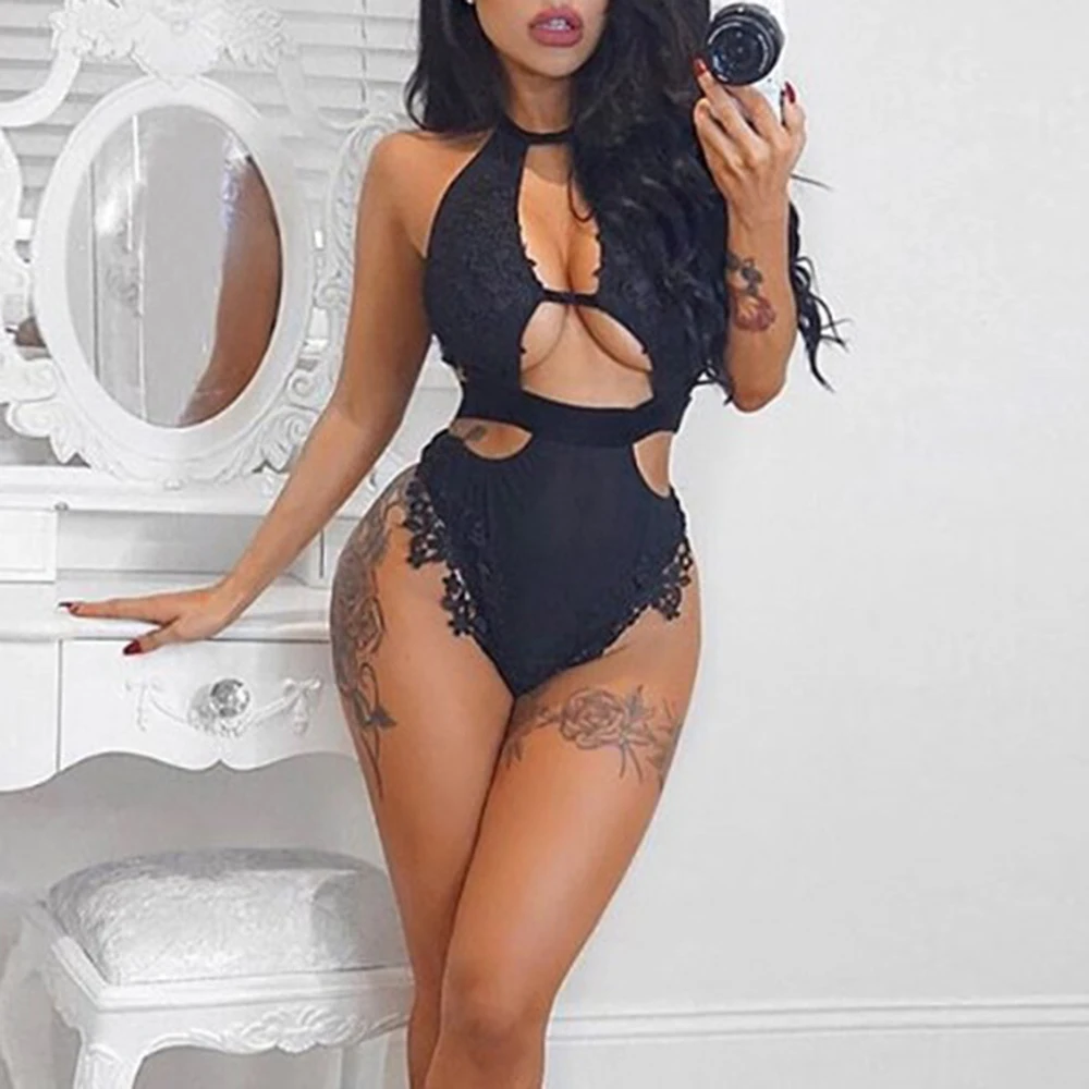 

Women Black Floral Lace Hollow Out Bra Sets One Piece Halter Collar Lingerie Erotic Teddies Bodysuits 2021 Female Sexy Pajamas