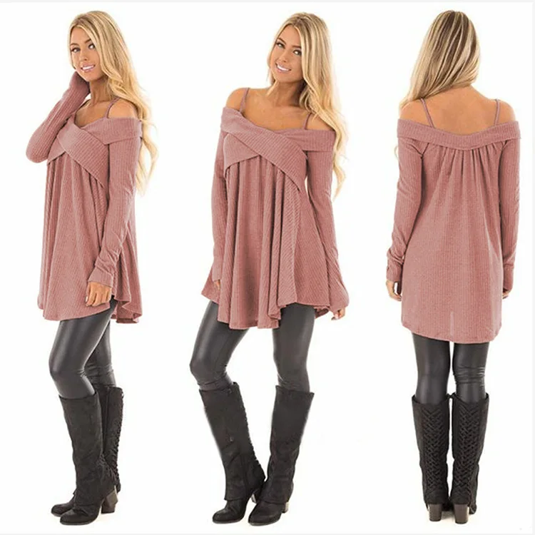 

Sexy Sling One Word Collar Solid Color Long Sleeve Women's T-Shirt New Autumn Products Irregular Patchwork Loose Women Shirt