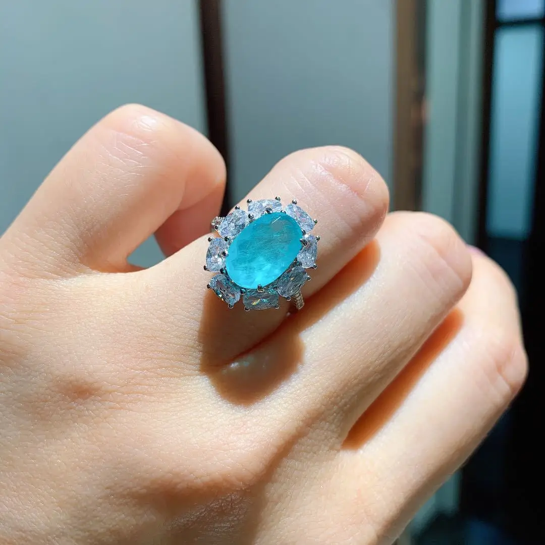 

QTT Dazzling Oval Gemstone Ring Paraiba Tourmaline Ring Adjustable For Women 925 Sterling Silver Party Wedding Jewelry 2021