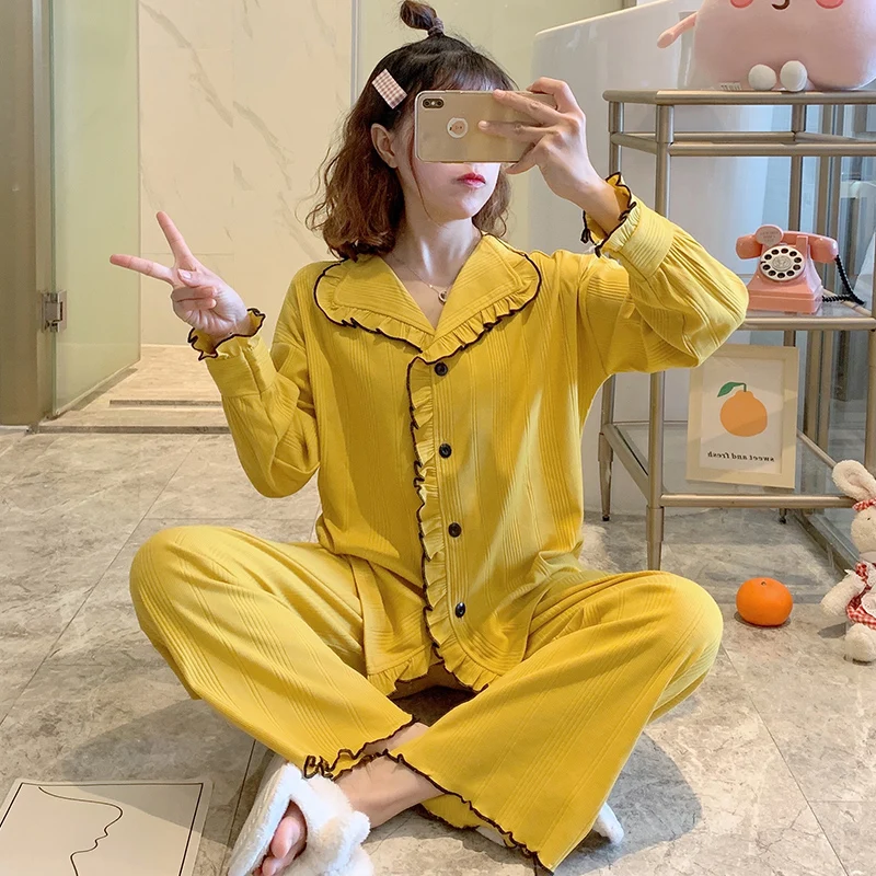 Пижама женская весенне осенняя кардиган Новинка 2020 куркума хлопок с длинным