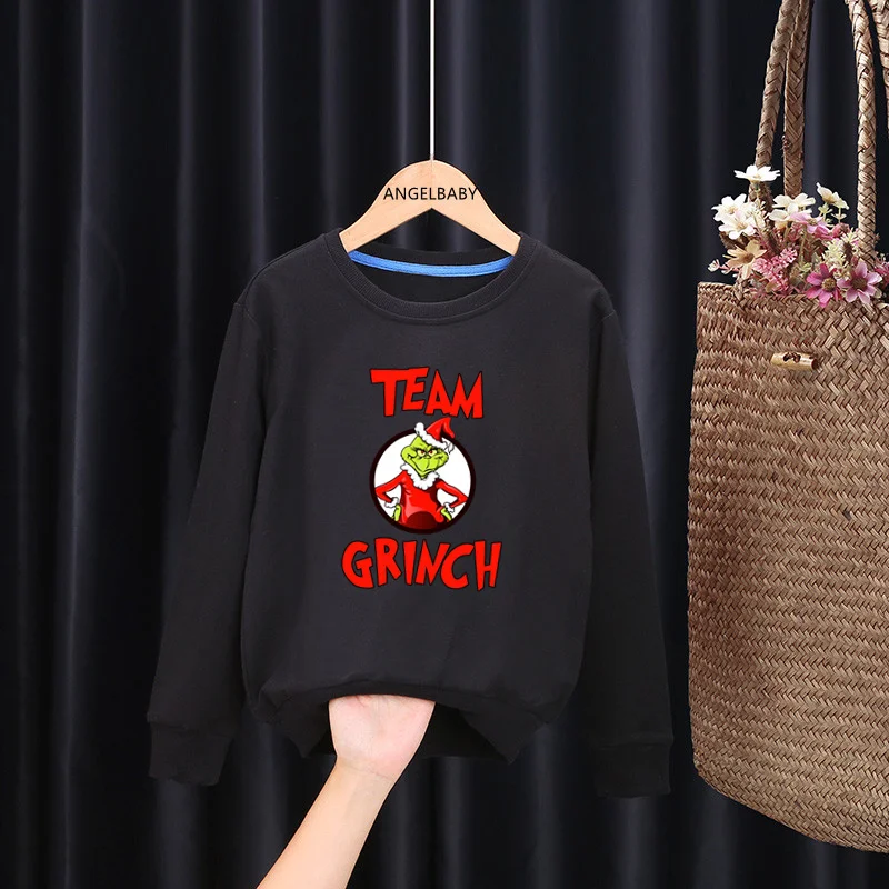 

Grinch Team Merry Christmas Cartoon Kids Sweatshirts Funny Children Hoodies Cotton Baby Pullover Tops Casual Girls Boys Clothes