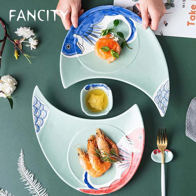 

Керамическая тарелка для суши FANCITY, необычная тарелка для дома, креативная японская специальная посуда, длинная красная сетчатая тарелка